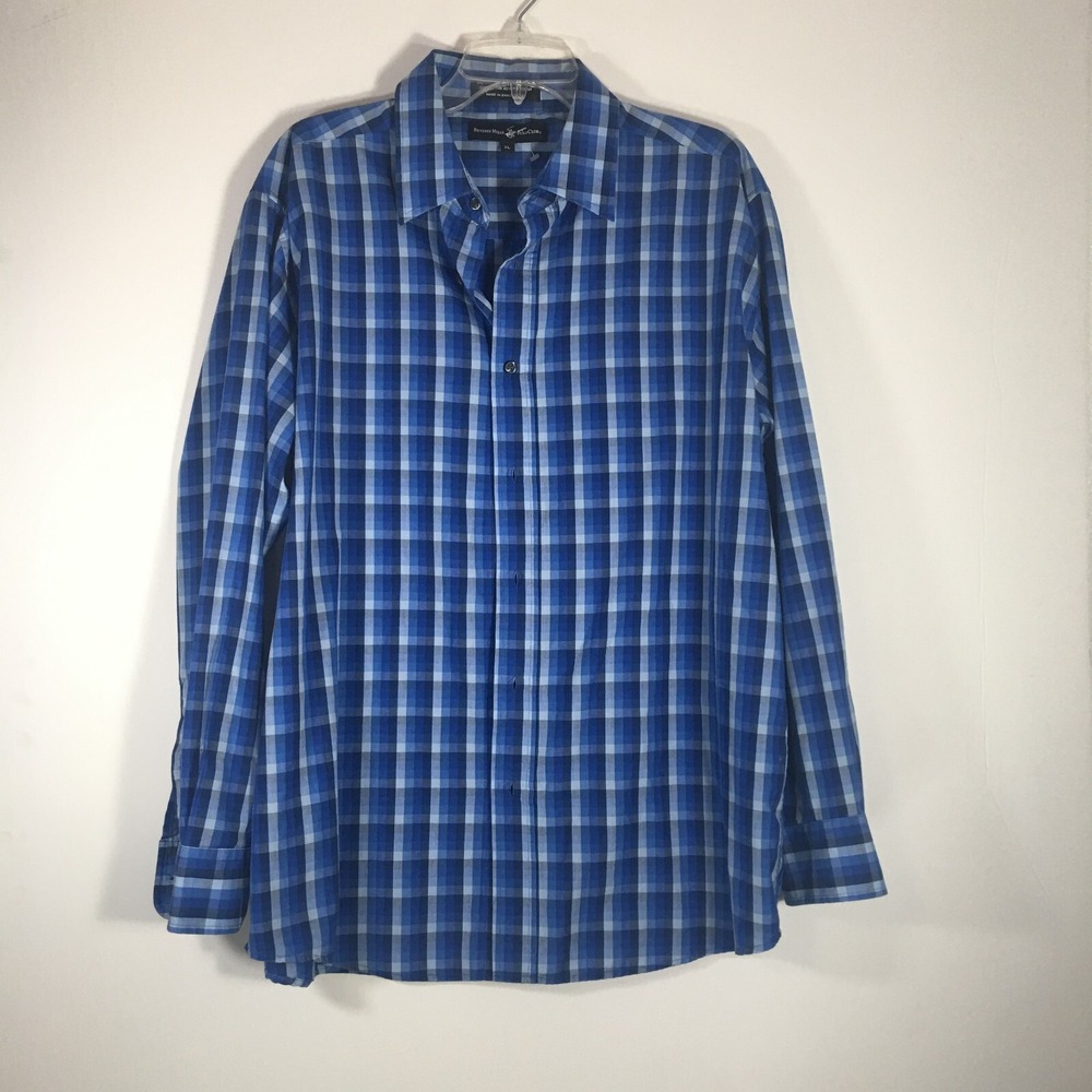 Beverly Hills Polo Club Button Up Shirt Mens XL Blue Plaid Long Sleeves